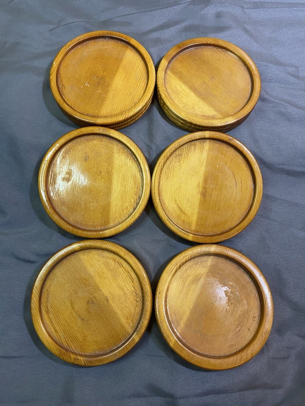 Vintage Handmade Wood Coaster Set - 6 Pieces - Light Wood - Felt Back